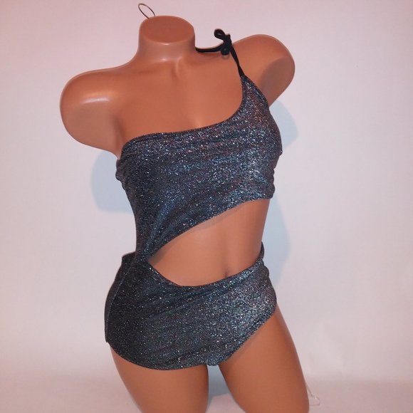 Victoria Secret‎ PINK Swim One Piece Medium Black Silver Cutout Sparkle Glittery - Picture 1 of 11